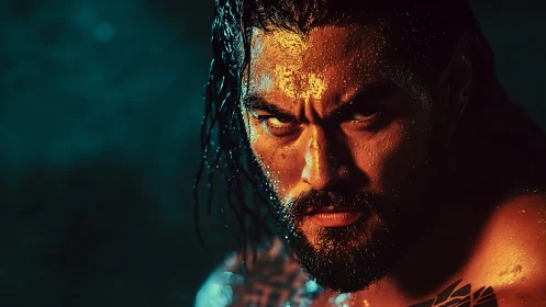 Wet bearded man in low-key lighting with intense gaze.