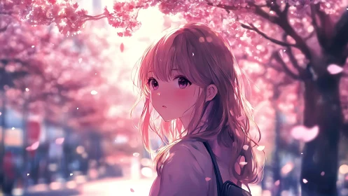 Anime girl under cherry blossoms on soft city street.