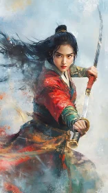 Fearless warrior in flowing red robes, poised for action.