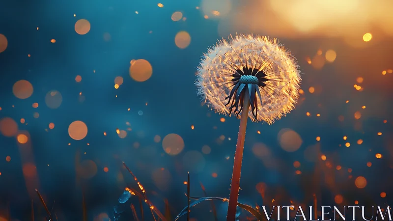 Single dandelion seed head stands against defocused light field