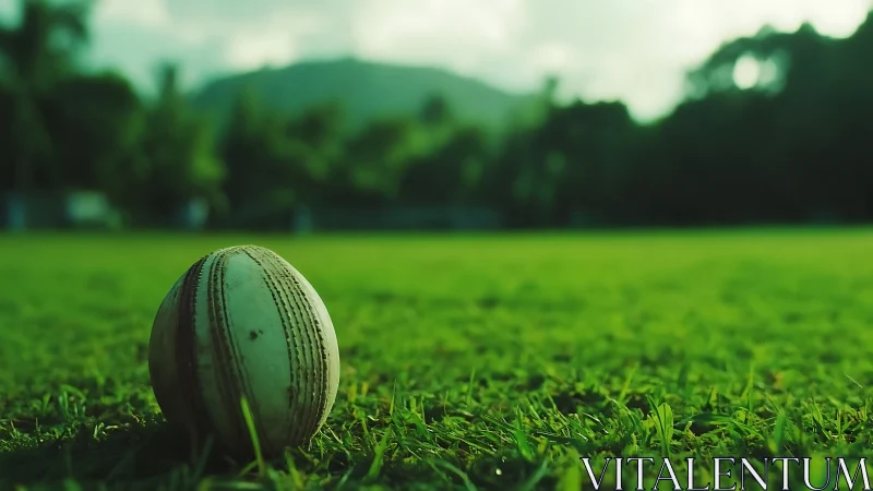 Cricket ball rests on sunlit green field at dusk.