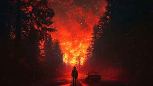Figure stands before forest fire with vehicle silhouette.