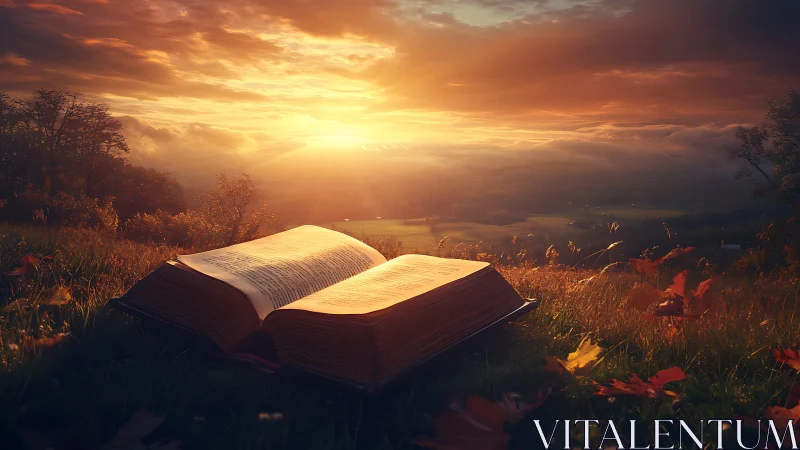 Open book rests on autumn hillside under glowing sunset sky