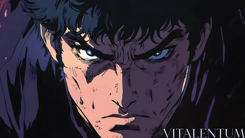 Fierce anime warrior locks eyes with bold, unwavering focus