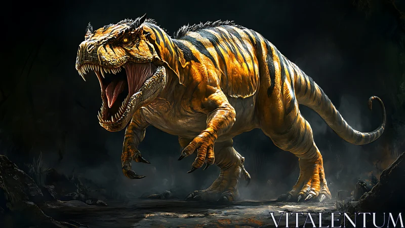 Roaring striped dinosaur advances through dark rocky terrain