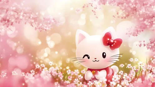 Cute white cartoon cat in pink spring flower field.