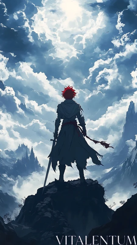 Lone red-haired warrior confronts vast stormlit heavens