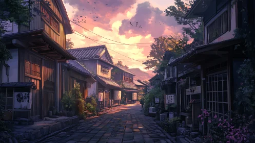 Twilight-lit traditional Japanese street with deep linear perspective