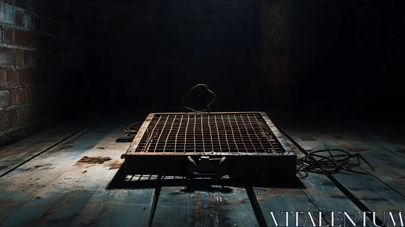Rusty floor trap waits quietly in a forgotten brick room