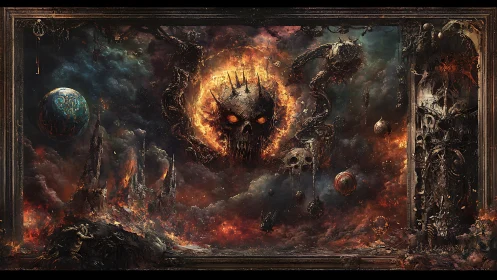 Demonic cosmic skull ascends within fiery apocalyptic void.