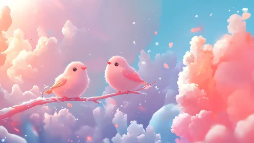 Pink Birds Perched on Branch Within Ethereal Cloud Realm.