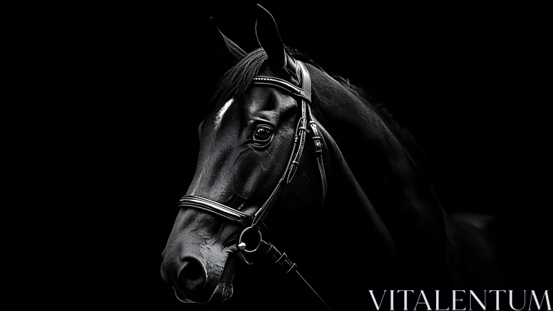 Black horse portrait in bridle against deep black background.
