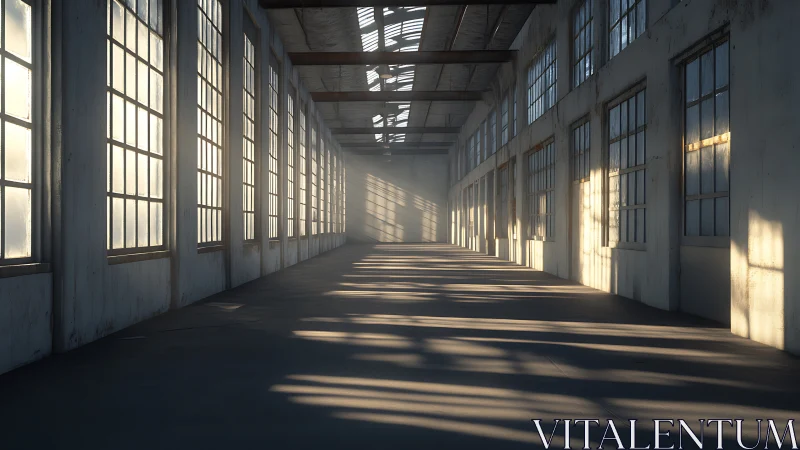 Sunlit industrial corridor renders elongated architectural shadows