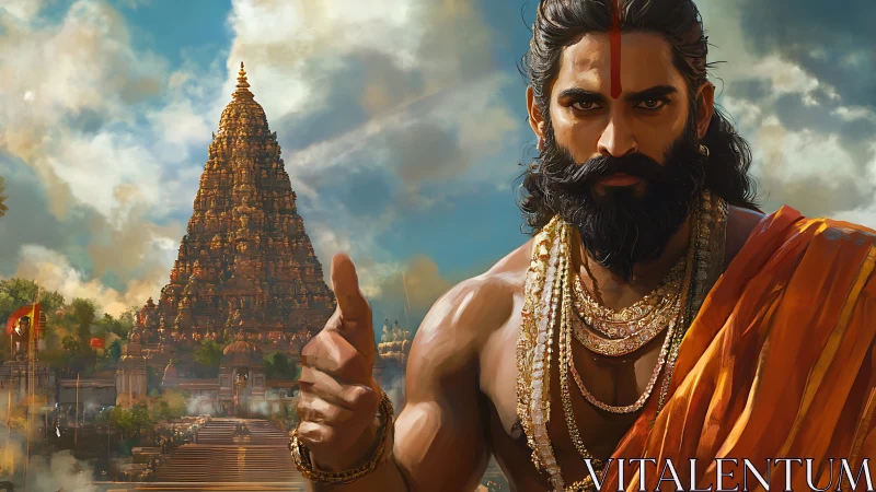 Temple complex and ascetic figure in detailed digital rendering.