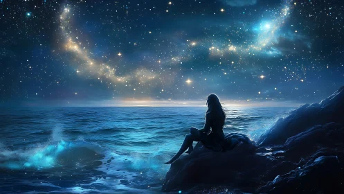 Solitary silhouette studies luminous night sky over ocean