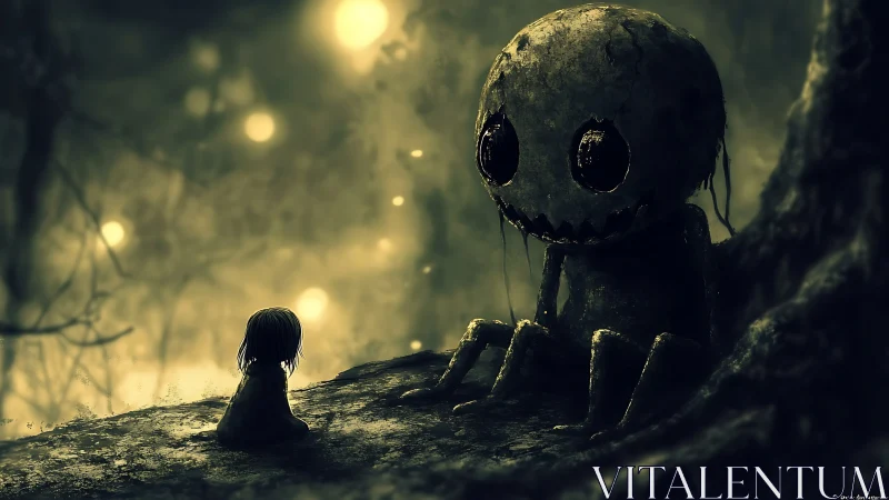 Child confronts eerie forest monster beneath glowing orbs