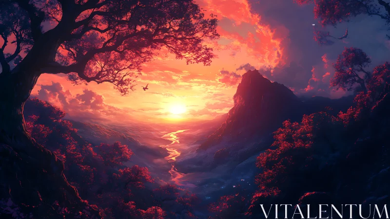 Radiant river valley sunset rendered in luminous digital fantasy