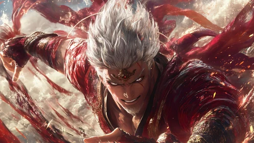 Fierce silver‑haired warrior surges forward through swirling fire