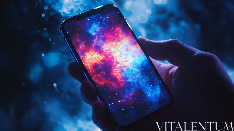 Smartphone screen displays vivid cosmic nebula illumination.