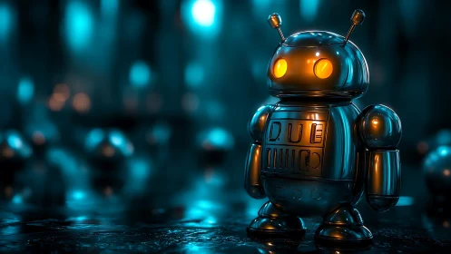 Chromed toy robot stands in neon bokeh cybernetic environment