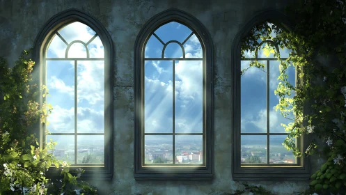 Triple arched windows frame sunlit clouds and distant city.