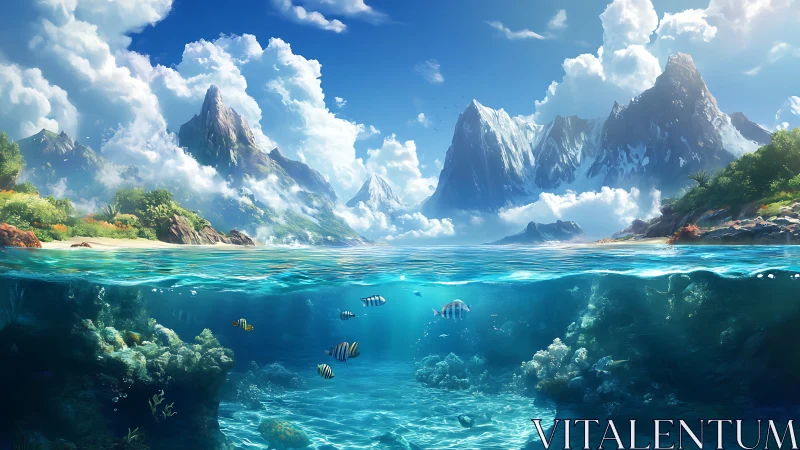 Tropical Island Paradise Split View with Underwater Marine Life