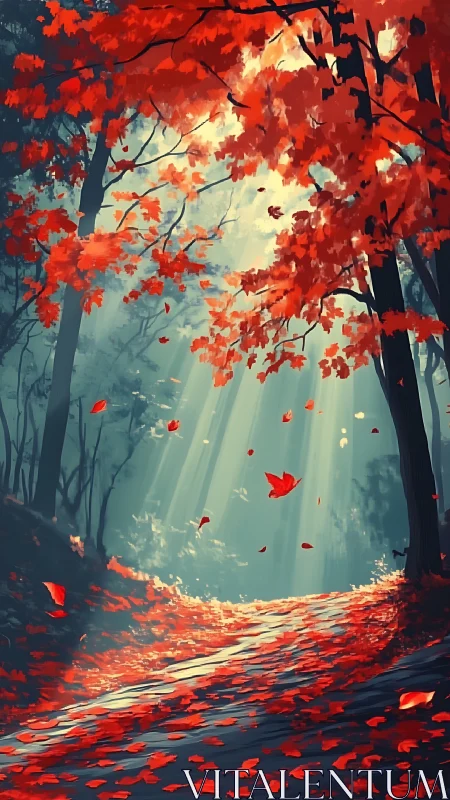 Radiant Autumn Forest with Luminous Canopy and Cascading Foliage