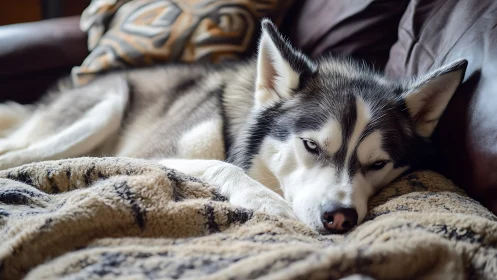 Sleepy husky snuggled into soft blankets on a cozy couch.