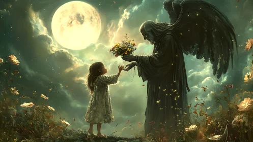 Moonlit angel shares a gentle bouquet with a curious child.