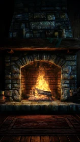 Cozy Fireplace with Dancing Flames and Rustic Stone