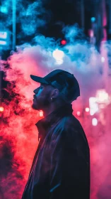 Neon-lit silhouette contemplates within glowing city smoke.