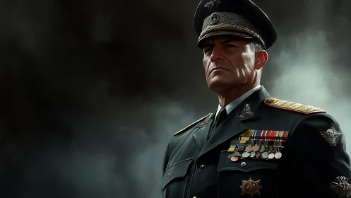 Storm-lit Marshal in medals, carved from iron resolve.