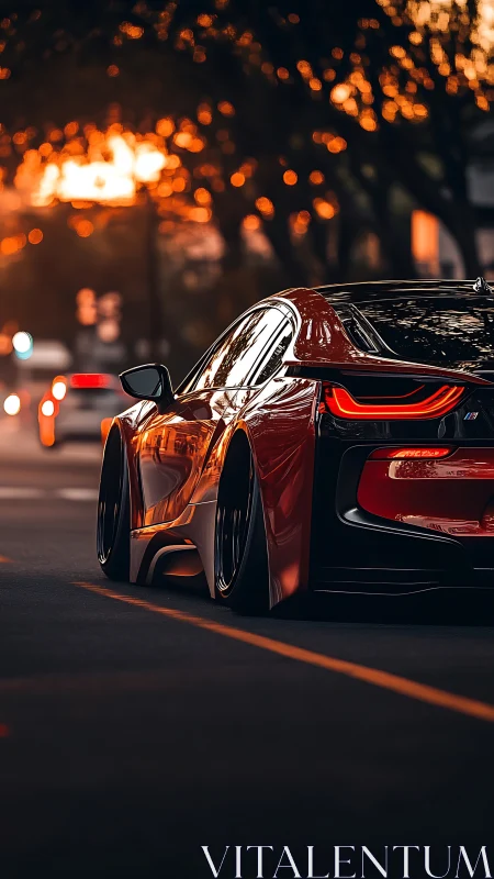 Low-slung red sports car glows under golden sunset city lights.