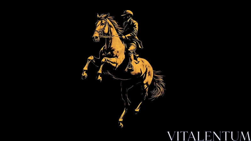 Monochrome digital painting of rearing horse and rider silhouette.