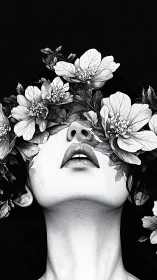 Woman’s veiled gaze emerges beneath blooming monochrome flowers.
