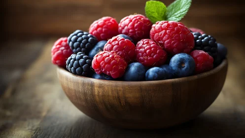 Mixed berries in rustic wooden bowl with soft moody light.