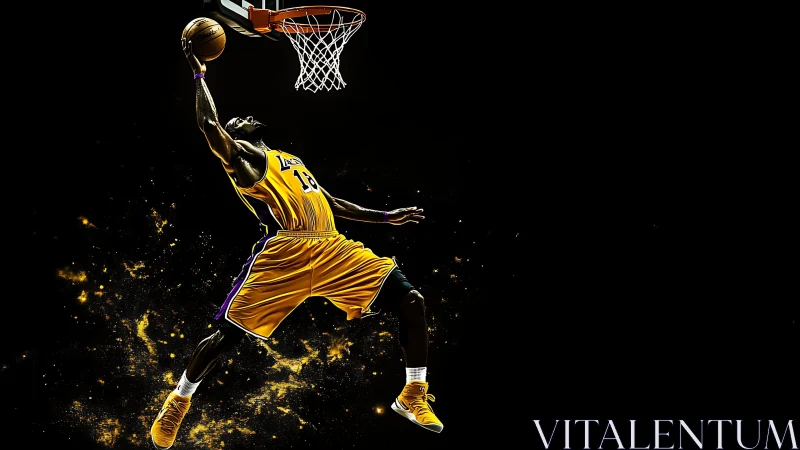 Dynamic yellow dunk silhouette on black negative space.