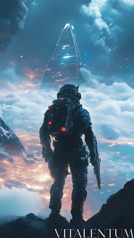 Lone space marine under cyberpunk citadel above clouds.