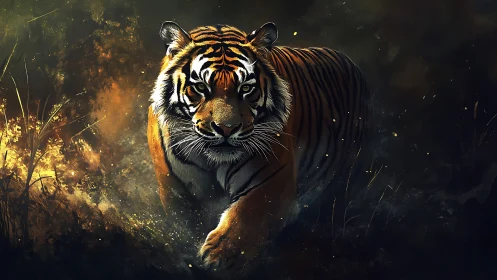 Fiery forest tiger steps forward through glowing twilight mist