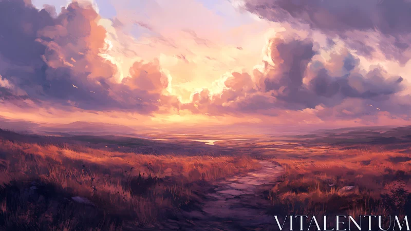 Digital painting sunset landscape with atmospheric depth study.