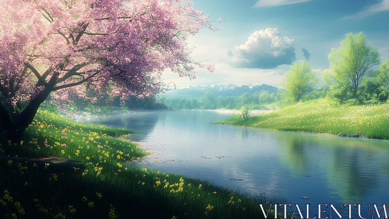 Spring river valley reflects cherry blossom canopy