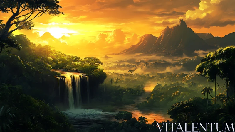 Sunlit jungle waterfall overlooks misty valley and mountains