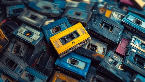 Bright yellow cassette pops in a sea of retro tape memories.