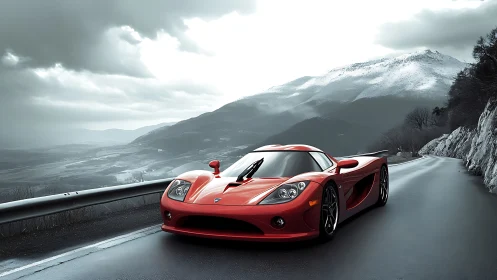 Scarlet supercar streaks across moody alpine mountain road.