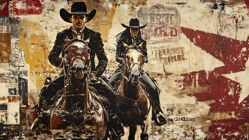 Two mounted figures in stylized western urban collage scene.