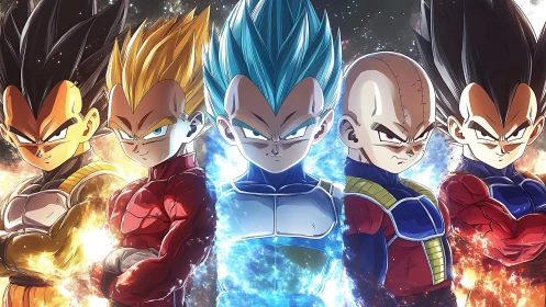 Saiyan warriors display evolving power forms in blazing auras.