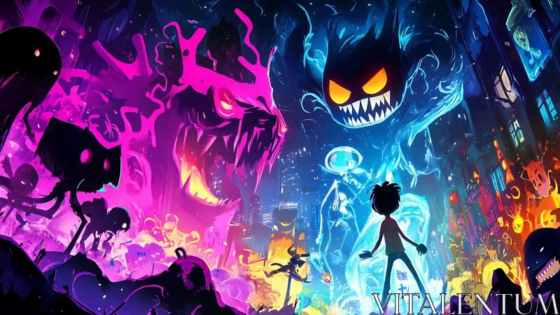 Neon specter confrontation in hyperchromatic urban abyss.