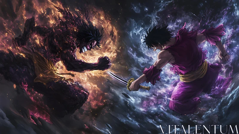 Intense anime duel framed by swirling cosmic energy.