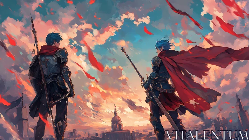 Anime battle duo over sunset city with sweeping capes composition.