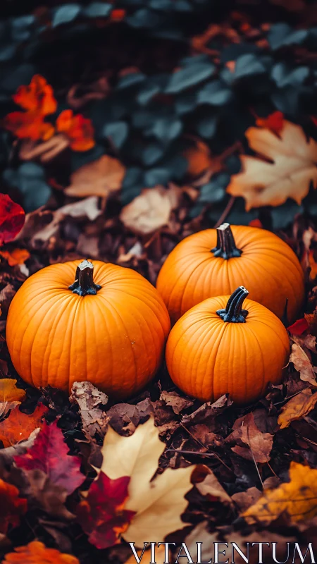 Triad of pumpkins among saturated autumn foliage.